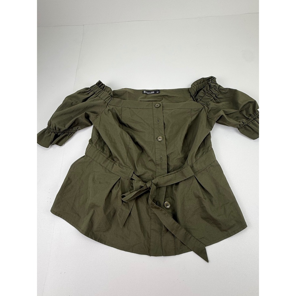New York & Co 7th Avenue Olive Green Puff Sleeve Peplum Button Front Blouse L